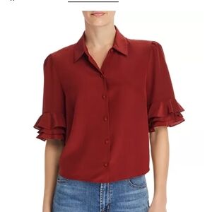 Frame Silk Red Button-Up Blouse with Ruffle Sleeves